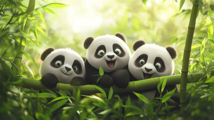 Fototapeta premium Playful panda trio enjoying bamboo in lush greenery nature scene close-up view wildlife concept