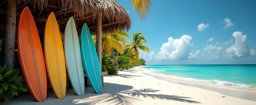 Vibrant surfboards lean against a beach hut, basking in the tropical sun's warm glow. Paradise found!