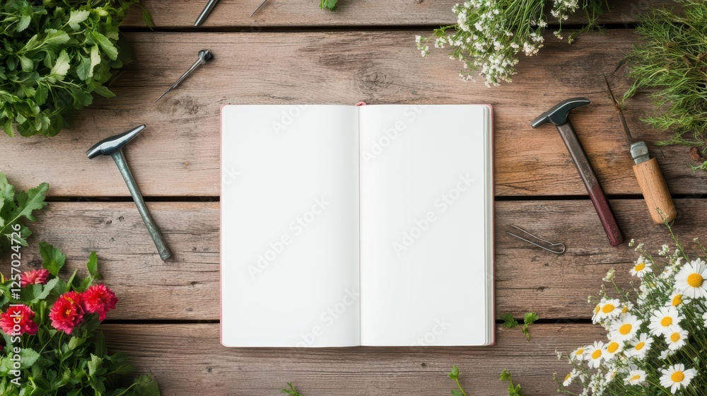 Poster open notebook placed on a wooden surface surrounded by colorful flowers and various tools for creati