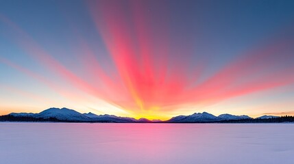 Vibrant sunset over a snowy landscape with mountains in the background and colorful sky