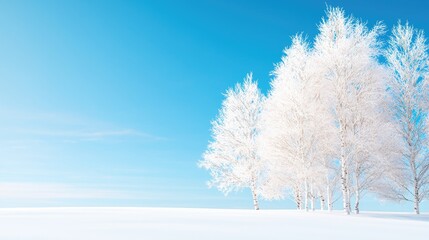 Fototapeta premium Frost-covered birch trees stand in a snowy field under a clear blue sky on a bright winter day.