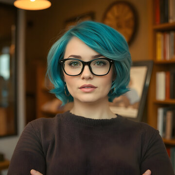 Una en&eacute;rgica mujer de cabello azul el&eacute;ctrico, mejillas regordetas y gafas gruesas, reflejando confianza y una actitud vibrante.