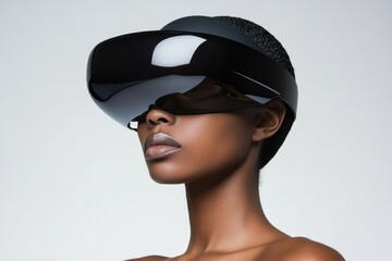 Close-up of a focused Black woman in a VR headset, capturing the essence of a virtual experience, isolated white background.