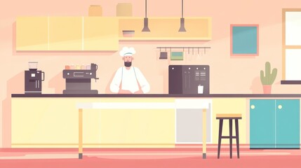 Chef standing behind kitchen counter, modern cafe, interior. Possible stock photo use