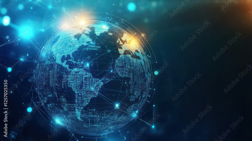 Poster Globe with a network of connected lines and dots representing global communication and connectivity