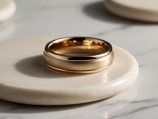 A luxurious gold wedding band placed on a smooth white background, with a shallow depth of field and soft natural lighting. 