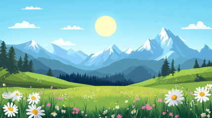 Fototapeta premium Breathtaking mountain landscape sunny meadow digital art natural setting wide view serenity and beauty