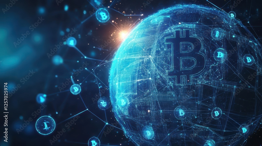 Poster globe with bitcoin symbol representing global cryptocurrency market and financial technology concept