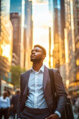 Obraz premium Handsome young American African businessman walking in the city, wearing a business suit and white shirt with a black suitcase on his shoulder, looking up at the skyscrapers during sunset