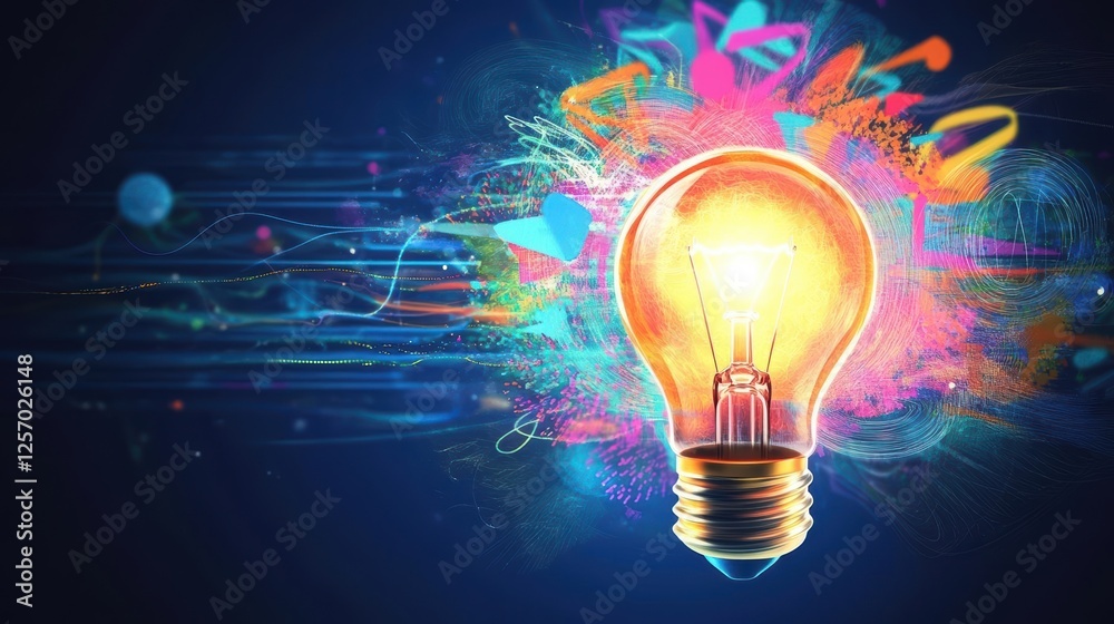 Fototapete Light bulb with vibrant colorful paint splatters creating a unique artistic design on a white background