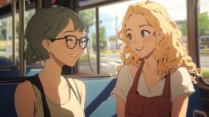 Two Smiling Girls on a Bus