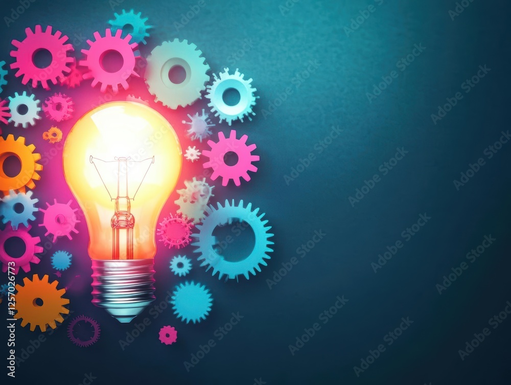 Poster Light bulb surrounded by gears and cogs representing innovation and creativity in technology and engineering