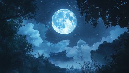 Fototapeta premium A Majestic, Full Blue Moon Illuminating the Night Sky Over a Lush Forest Canopy