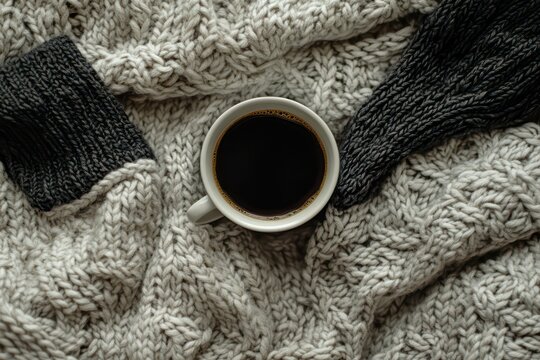 A flat lay of a cup of coffee on a cozy bed, with knitted socks and a sweater in the frame.