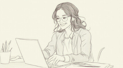 illustration simple line drawing A Woman smiling while working with laptop.