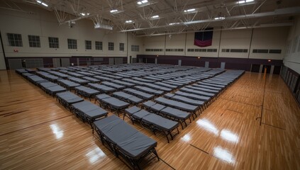 Massive Temporary Shelter Setup for Displaced Individuals in a Large Indoor Gymnasium