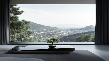 Fototapeta premium Modern living room, mountain view, bonsai, serenity, interior design