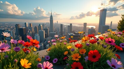 Urban rooftop garden with colorful blooming flowers and city skyline view	
