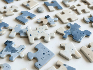 Fototapeta premium Blue & white puzzle pieces scattered on white background; problem-solving concept