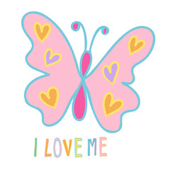 I LOVE ME letters with butterfly for font, typography, calligraphy, text, messages, alphabets, women empowerment, feminist, fridge magnet, animals, sticker, Valentine's card, fabric print, stickers
