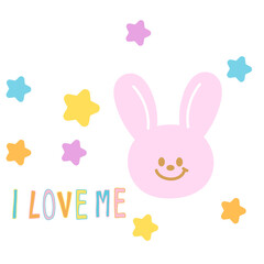 I LOVE ME letters with bunny, stars for font, typography, calligraphy, text, messages, alphabets, women empowerment, feminist, fridge magnet, animals, sticker, Valentine's card, fabric print, easter
