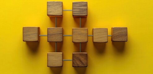 Business Process Workflow Automation Flowchart with Wooden Blocks on Yellow Background