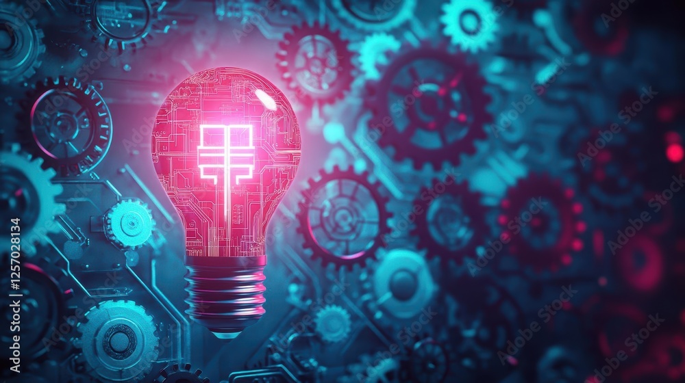 Fototapete Light bulb surrounded by gears representing innovation and mechanical engineering concepts