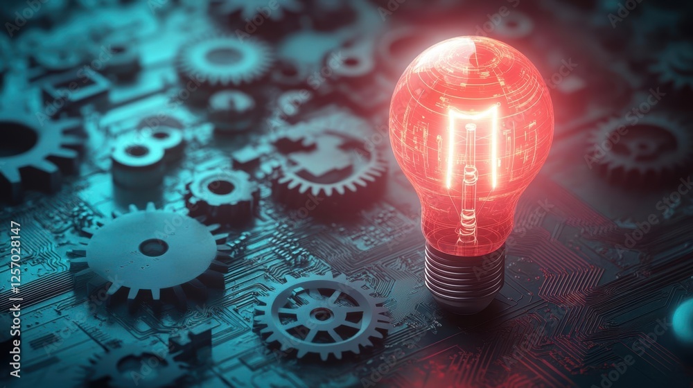 Fototapete light bulb positioned on a circuit board demonstrating electrical connection and design concept