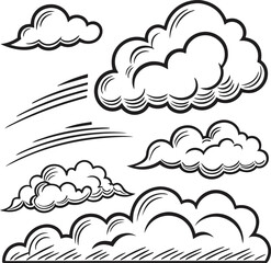 Handdrawn cloud illustrations various shapes, styles, weather elements