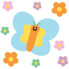 Happy butterfly and flower illustration for animal, pet shop, animals, cartoon, spring, summer, picnic, park, home yard, stickers, tattoo, blossom, cute patch, fabric print, brooch, nature, garden