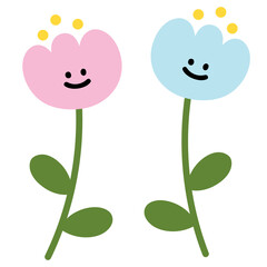 Happy tulip flowers illustration for floral print, cartoon character, spring, summer, nature, garden, plants, tree, blossom, blooming, fabric print, sticker, picnic, park, house yard, environment

