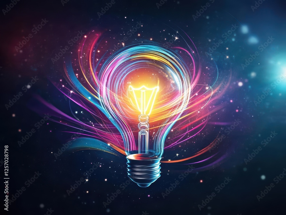 Poster Light bulb emitting colorful lines representing creativity and innovative ideas in a vibrant design