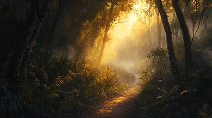 Sunlit Path Through a Misty Forest