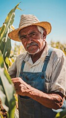 Fototapeta premium Elderly Hispanic man inspects a corn field with low yields amid climate change worries