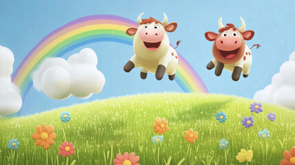 Fototapeta premium Playful cows leaping through a rainbow green hills digital art bright and cheerful whimsical concept