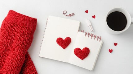 Red Knitted Sweater, Notebook, Coffee, Valentine's Day, Cozy, Warm, White Background, Flatlay