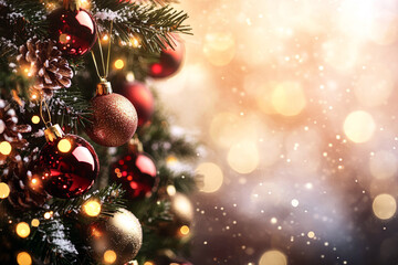 Christmas tree decorations with sparkling red baubles and bokeh lights in the background, festive holiday ambiance, winter celebration, cozy Christmas atmosphere, holiday season