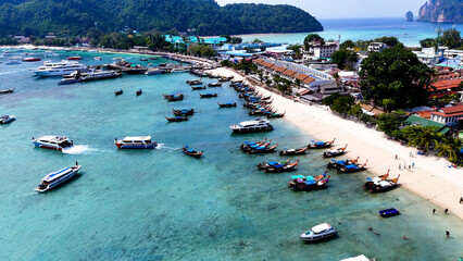 Stunning aerial background of Phi Phi Don island in Thailand. Drone photo of all the boat tours...
