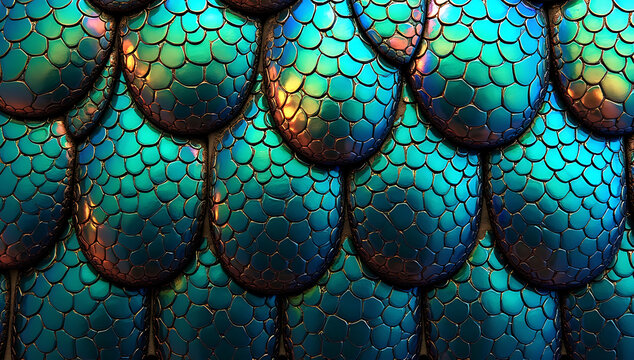 A seamless, tileable iridescent beetle shell texture. Hard, polished chitin plates shifting in color from emerald green to sapphire blue, arranged in an overlapping scale pattern with fine ridges.