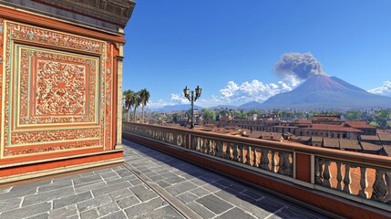 Obraz premium Scenic View of Ancient City with Mount Vesuvius Erupting in Background and Decorative Architectural Details on Balcony