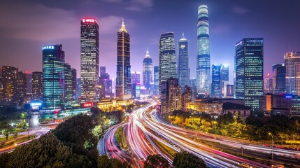 Fototapeta premium Vibrant Night Cityscape of Modern Skyscrapers Illuminated by Colorful Lights Against a Twilight Sky