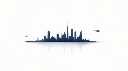 Silhouette of a modern city skyline with helicopters flying in a clear sky, symbolizing urban life