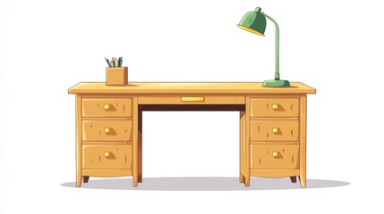Wooden desk with lamp and stationary, office supplies, home workspace, interior design, illustration, digital art, Vector graphic