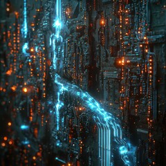 Cybernetic circuits interwoven with luminous blue trails, defining digital system complexity.