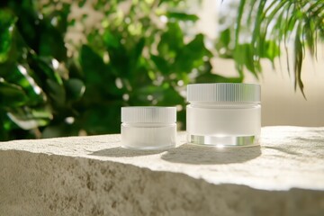 Minimalist Skincare Jars on Nature-Inspired Stone Surface