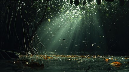 Sunlight filters through dense foliage over a serene river, showcasing fish and fallen leaves