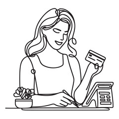 continuous one single line art doodle drawing of woman seller cashier illustration