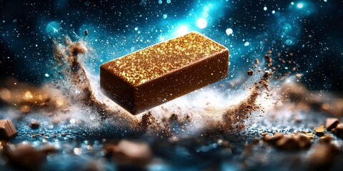 cosmic chocolate bar floats in vastness of space, surrounded by burst of golden particles and cosmic dust, creating magical and surreal scene