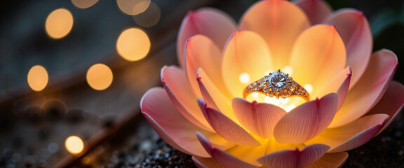 Engagement ring glowing inside enchanted flower petals, magical elegance