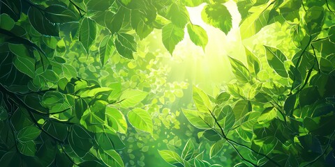 A dense rainforest canopy with sunlight filtering through vibrant green leaves.